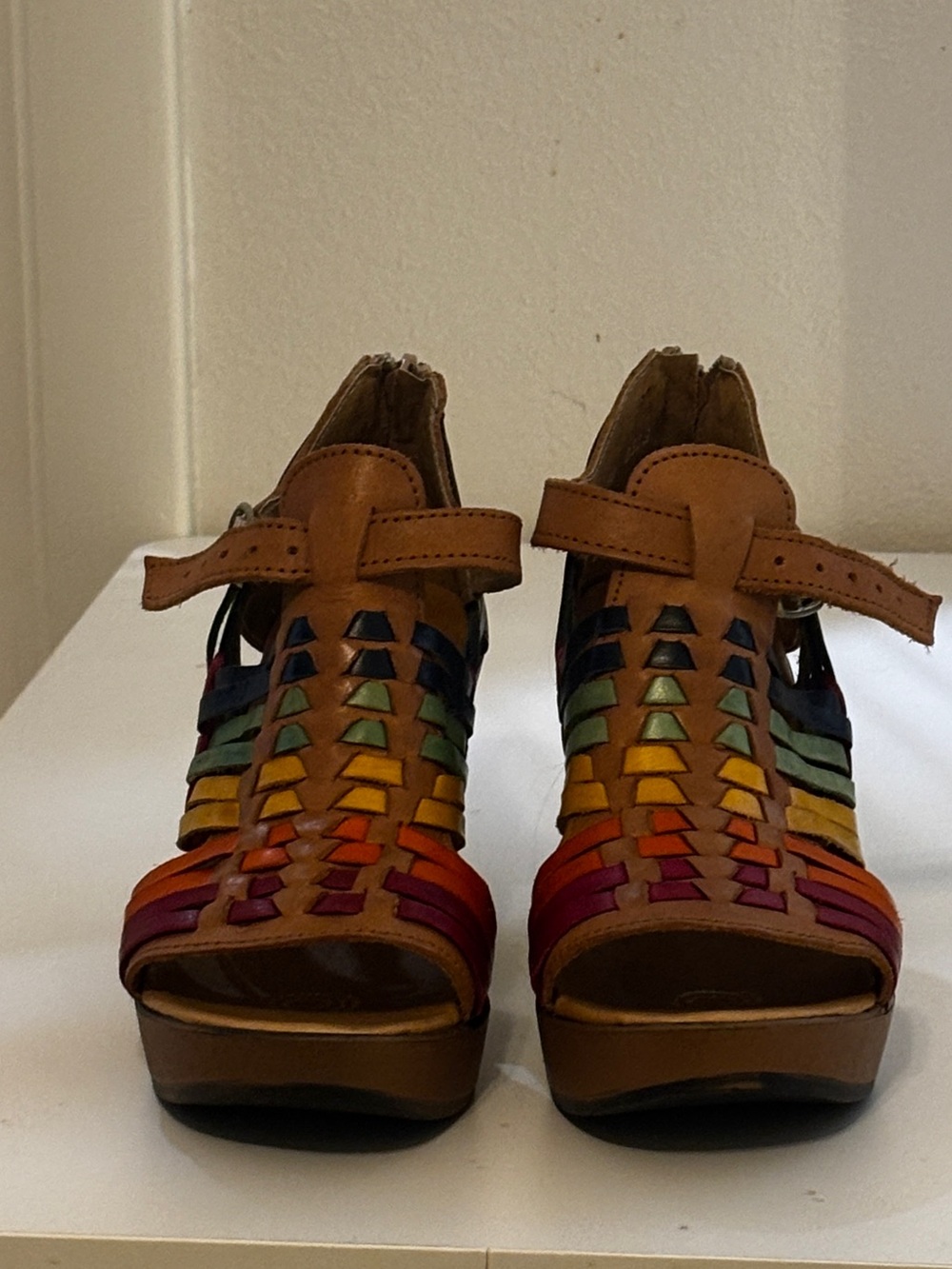 Women's Handmade Multi-Color Woven Leather Platform Heels - Tan Trim